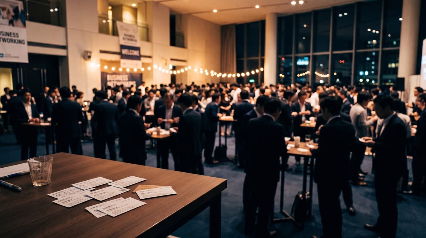 交流会で人が話している様子。
